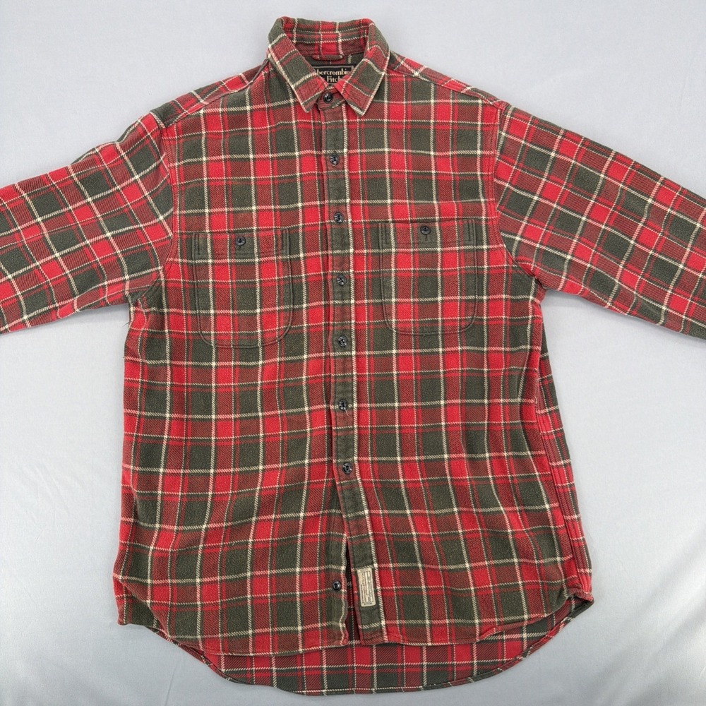 Abercrombie & Fitch Flannel Shirt Men's Medium Red Green Plaid Button Up - Picture 3 of 9